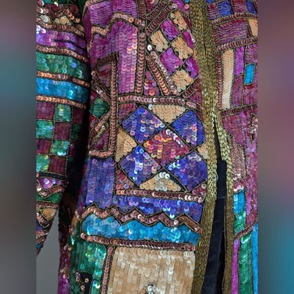 Vintage 100% Silk Sequin Jacket – Art Deco Patchwork – XL Statement Glam - Picture 7 of 13